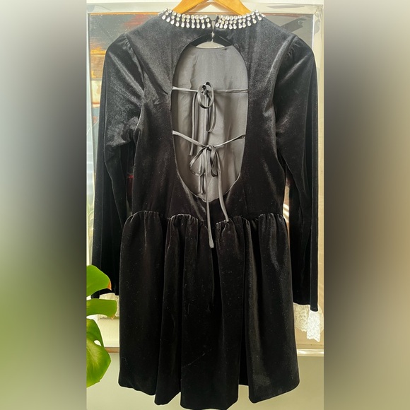 Miu Miu Black Velvet Dress with Crystal Collar and White Lace Cuffs